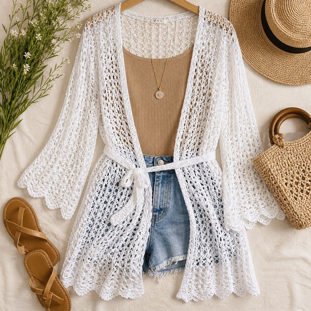 Boho Crochet Cardigan Open Knit Duster Tie Waist Beach Cover Up White POL Size L - Picture 2 of 6